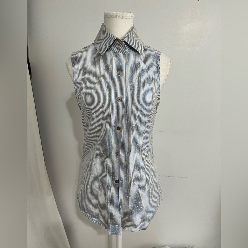 Charles Nolan Striped Sleeveless Button-Up Top